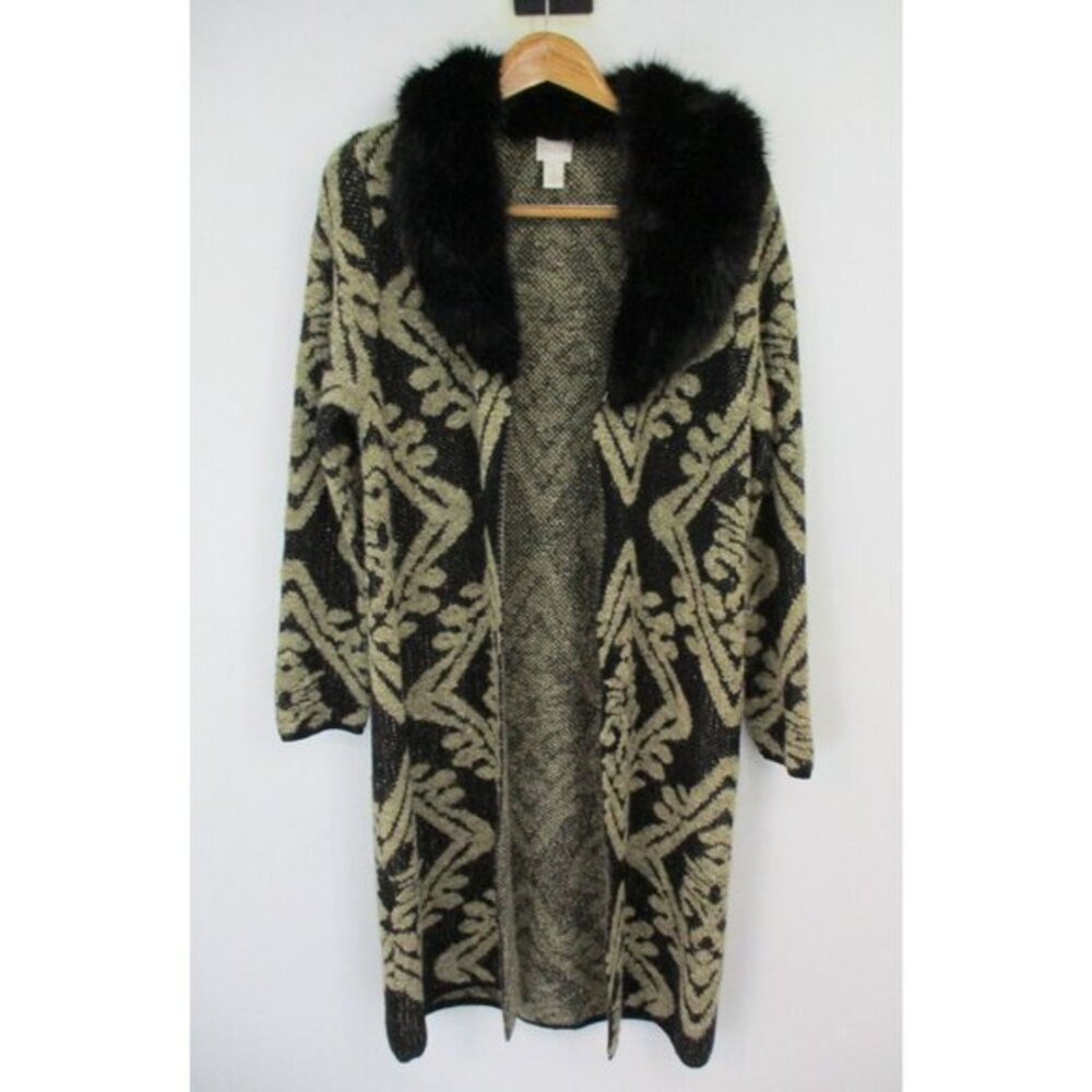 Chico's Black Gold Metallic Cardigan Womens Size 1 Duster Faux Fur Collar